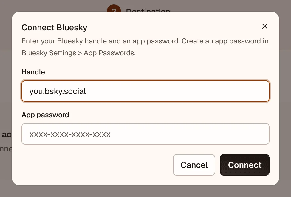 OpenPost connection dialog for Bluesky handle and app password