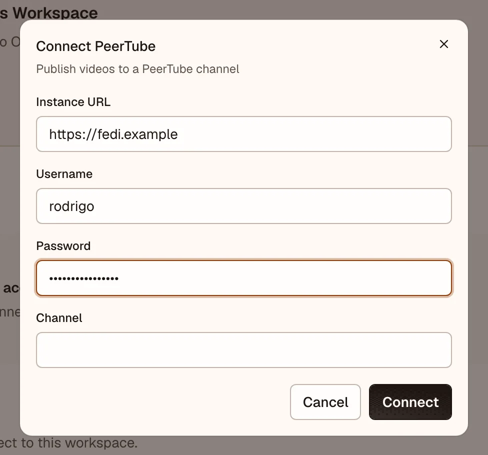 OpenPost connection dialog for PeerTube instance credentials
