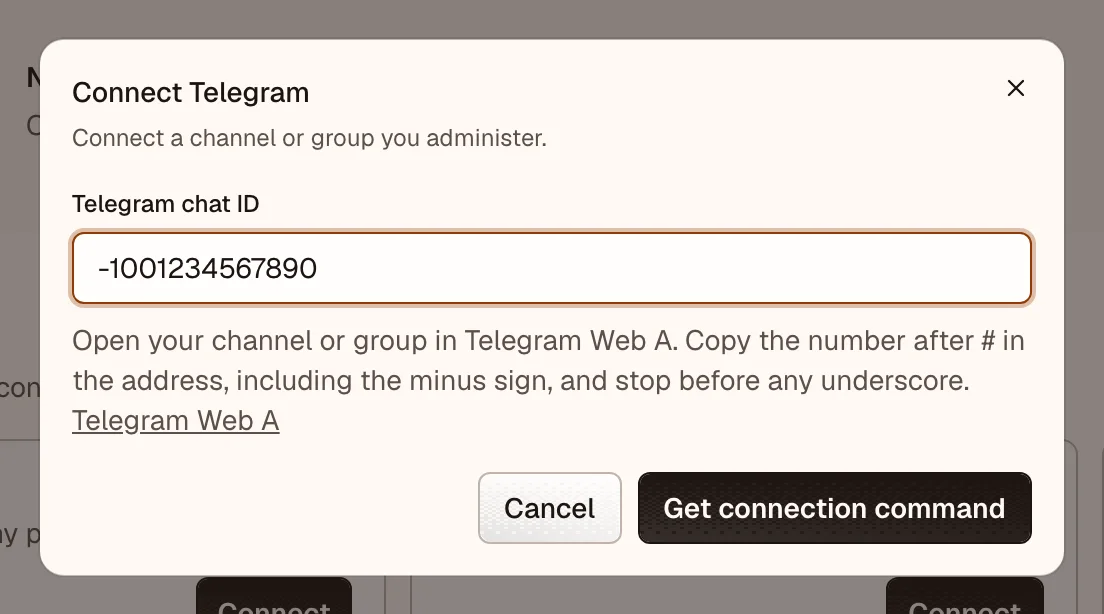 OpenPost connection dialog for Telegram chat ID