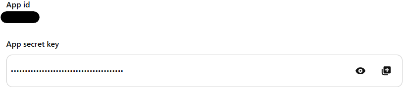 Pinterest App id and masked App secret key fields